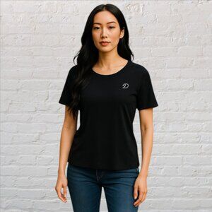 CAROLYN TAYLOR -- Black Top, 3/4 Sleeves, Faux Diamond (Rhinestone) Monogram "D"